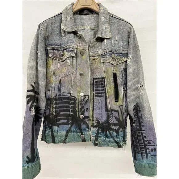 NEW Sz M Medium Mens Amiri Los Angeles Indigo Denim Airbrush "Hollywood" Jacket - Picture 5 of 11